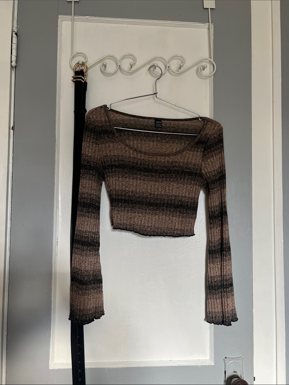 SHEIN Brown Striped Cropped Rib-Knit Sweater